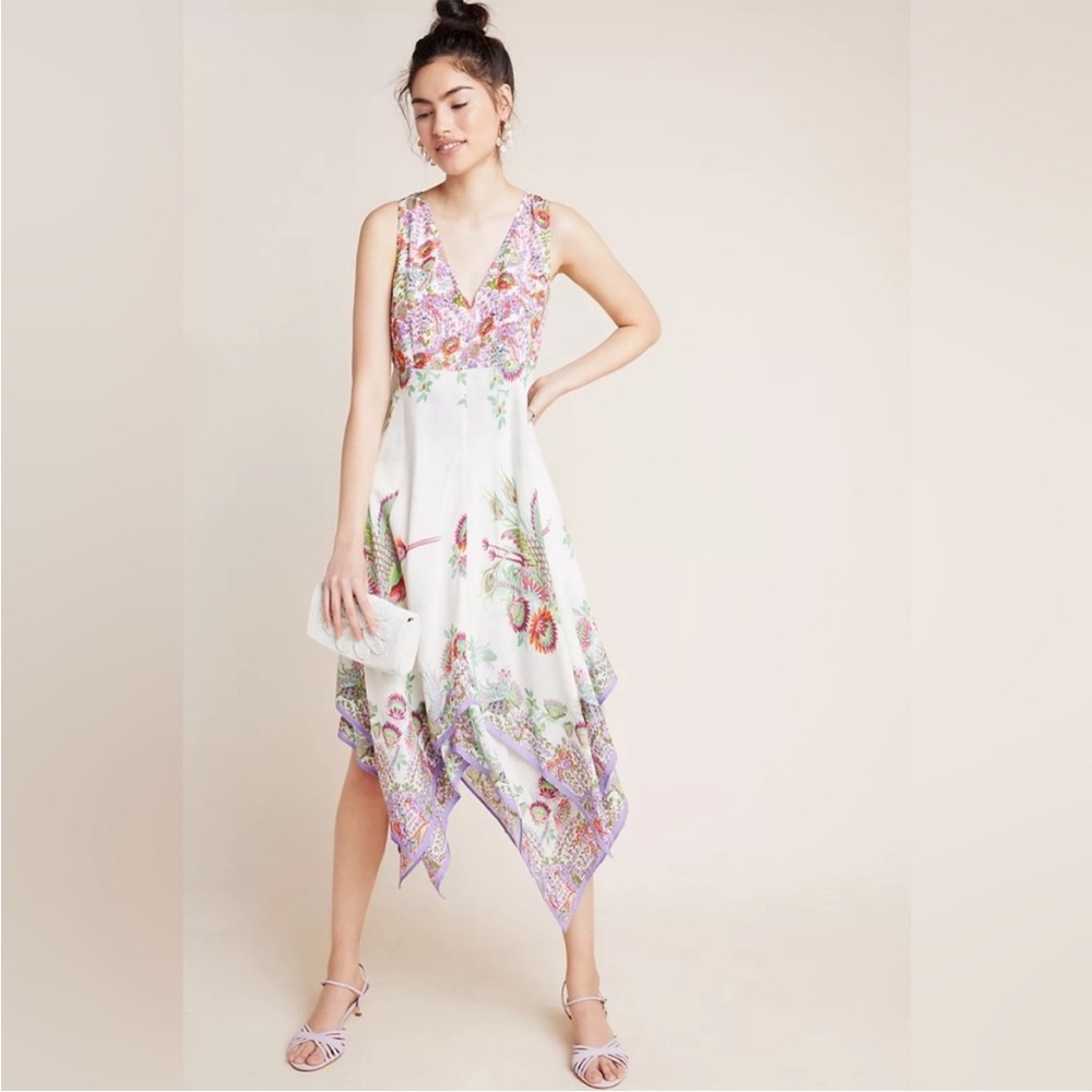 Anthropologie Analise Floral Midi Dress Bird Handkerchief Hem Ivory Purple 6